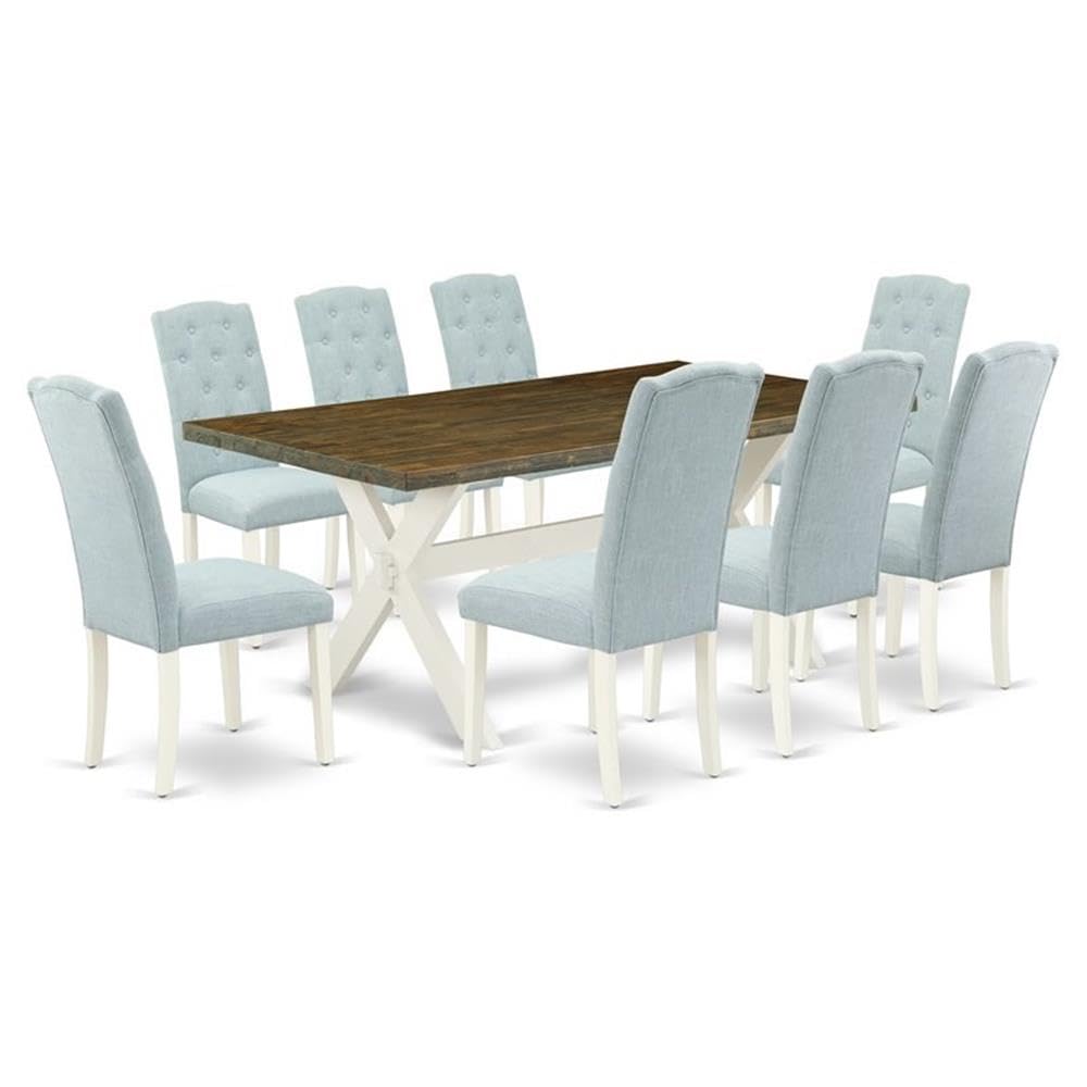East West Furniture X077Ce215-9 9 Piece Dining Room Set Includes A Rectangle Kitchen Table With X-Legs And 8 Baby Blue Linen Fabric Upholstered Parson Chairs, 40X72 Inch, Multi-Color
